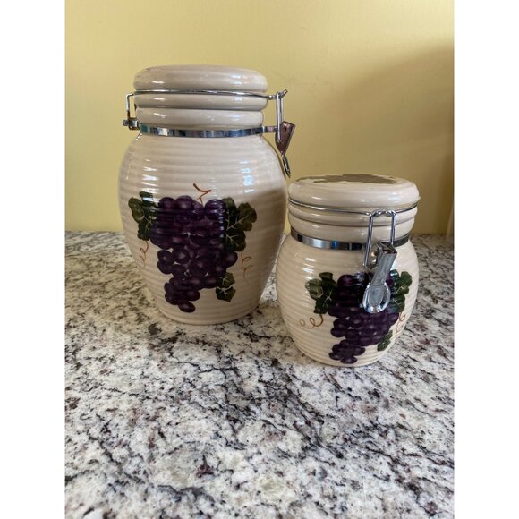 BasicVintage Ceramic Kitchen Canisters Grape Design Metal Clamp Lids Set Of 2 - Picture 1 of 7